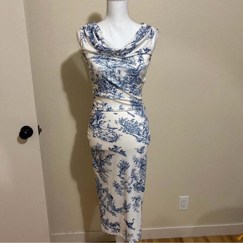 Commense Cream and Blue Toile Midi Dress